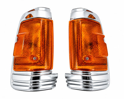 Front Corner Turn Signal Light - for Nissan 720 Pickup / SD23 1984–1985 - Chrome Frame - LH + RH Pair – OEM 26165-50W10 / 26160-50W10