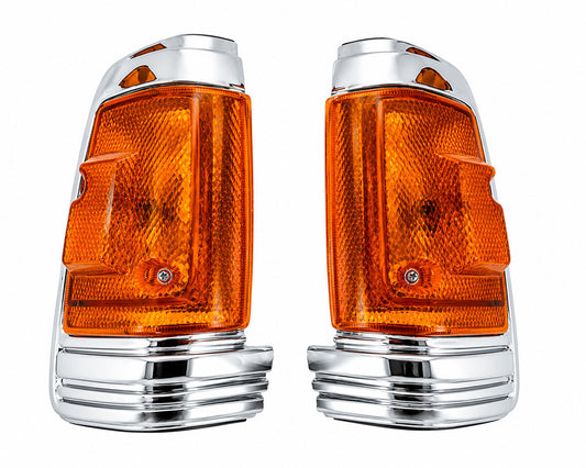 Front Corner Turn Signal Light - for Nissan 720 Pickup / SD23 1984–1985 - Chrome Frame - LH + RH Pair – OEM 26165-50W10 / 26160-50W10